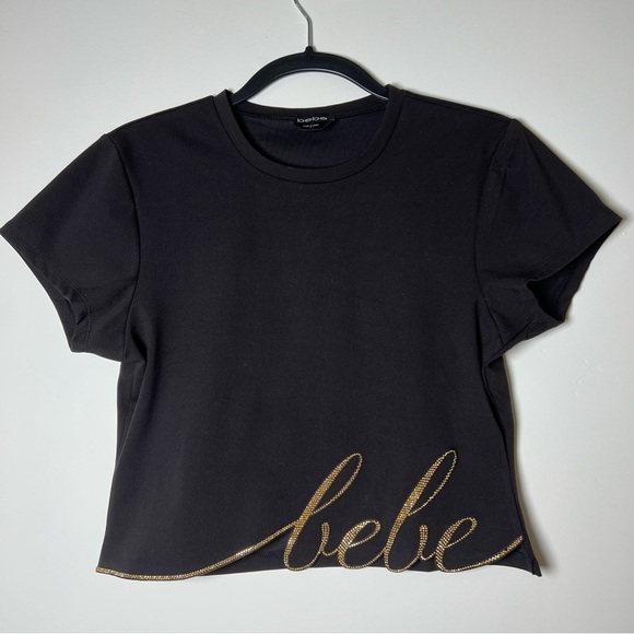 bebe Tops - Bebe T-Shirt Crop top Black Tee – Size L – NWOT Gold Glam